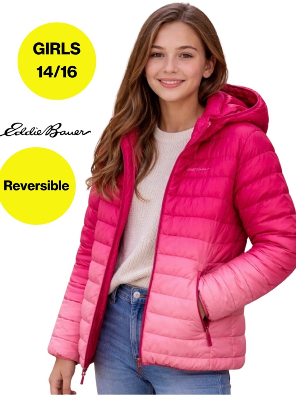 EDDIE BAUER 💖 Reversible Hooded Pink Ombré Puffer Down Jacket (Kids Large 14/16)